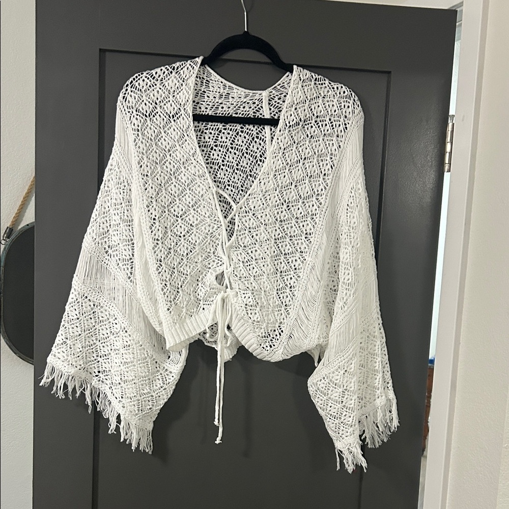 White Crochet Fringe Cardigan